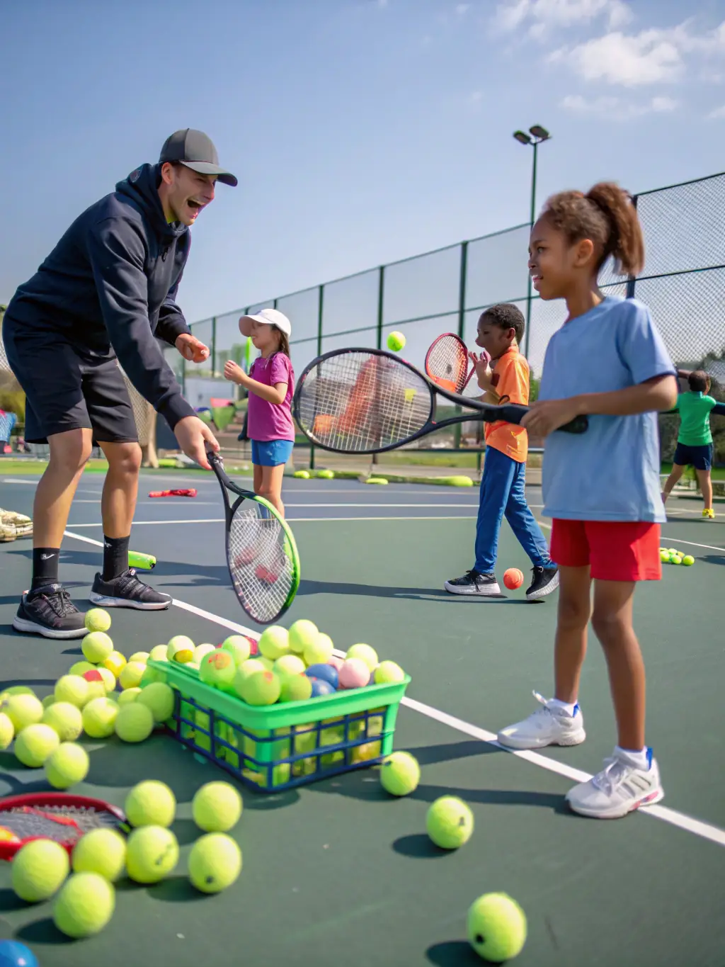 A vibrant image of children participating in a beginner's tennis clinic, showcasing the fun and engaging atmosphere of the TCH's youth programs.
