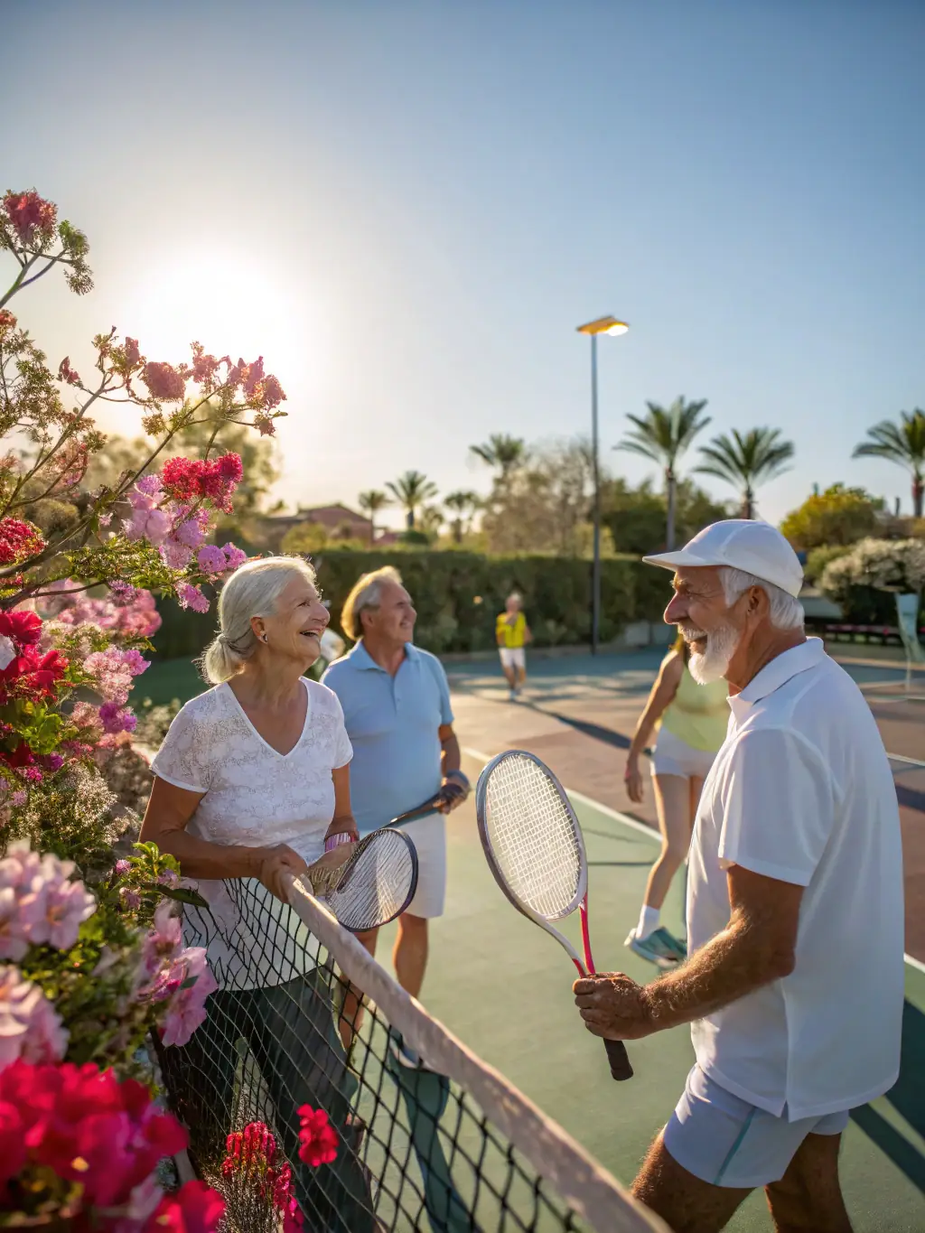 A photo of a group of senior players participating in a friendly tennis session, highlighting the TCH's commitment to providing activities for all age groups.
