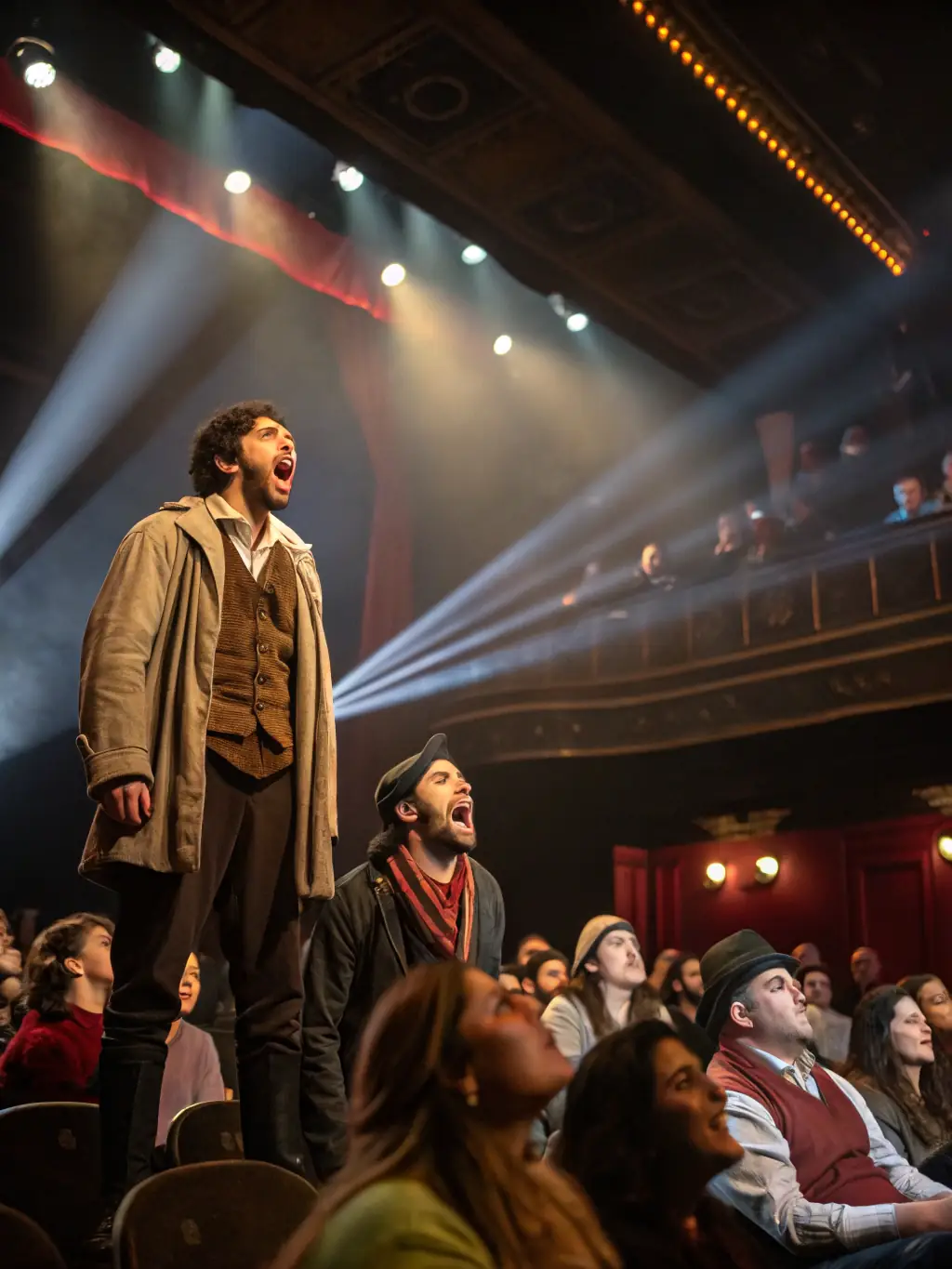 A captivating image of a community theatre performance, highlighting the costumes, stage setting, and enthusiastic audience.