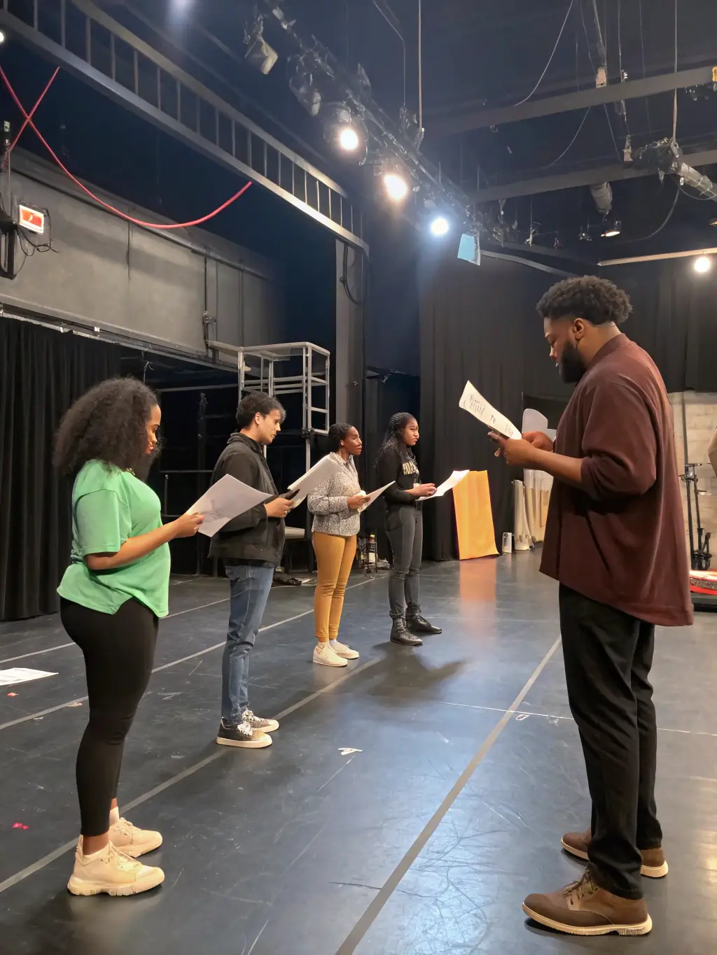 A dynamic image capturing participants actively engaged in a theatre workshop, showcasing collaborative exercises and expressive movements.