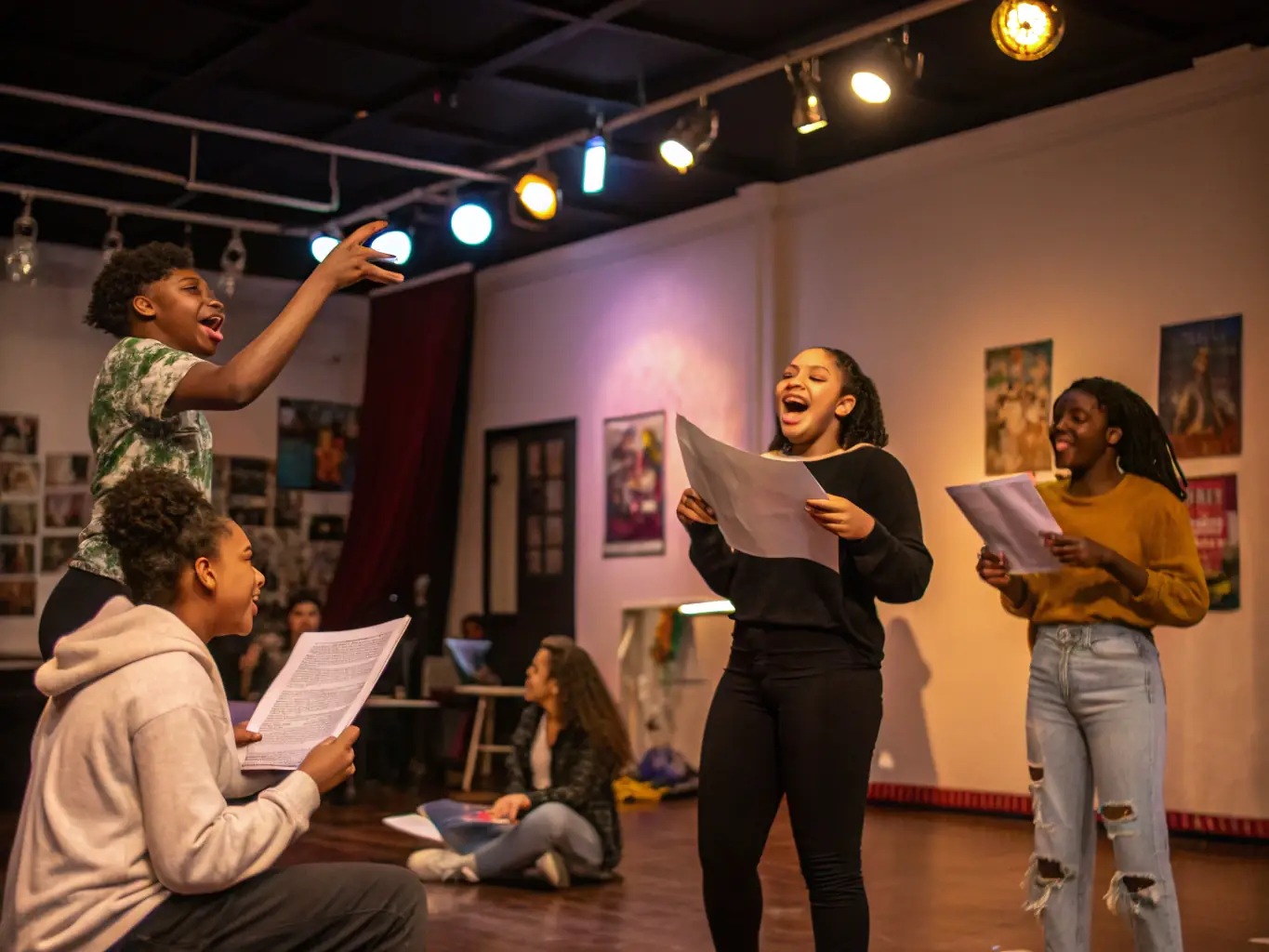 A vibrant image depicting a theatre workshop in progress, with participants actively engaged in learning acting techniques and stagecraft, set in a rustic Breton setting.