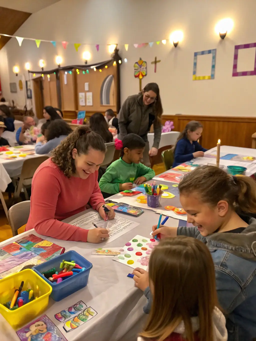 A photo of children and adults working together on creating props and costumes for a play, emphasizing the intergenerational aspect of the project.