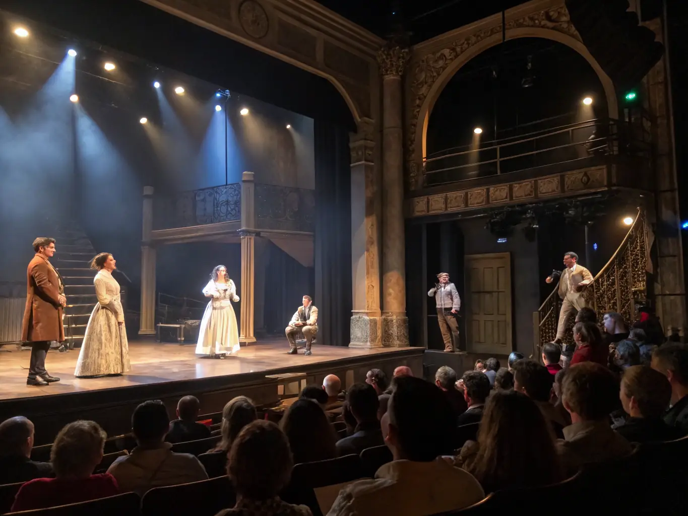 A dynamic image capturing a scene from a traditional Breton theatre performance, with actors in costume and a captivated audience.