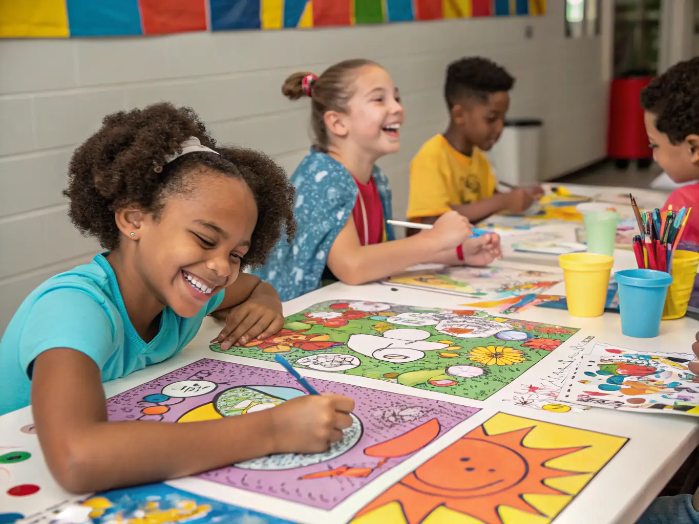 A vibrant image depicting children participating in an art therapy session, showcasing creativity and emotional expression under the guidance of a therapist at FONDATION LES NIDS.