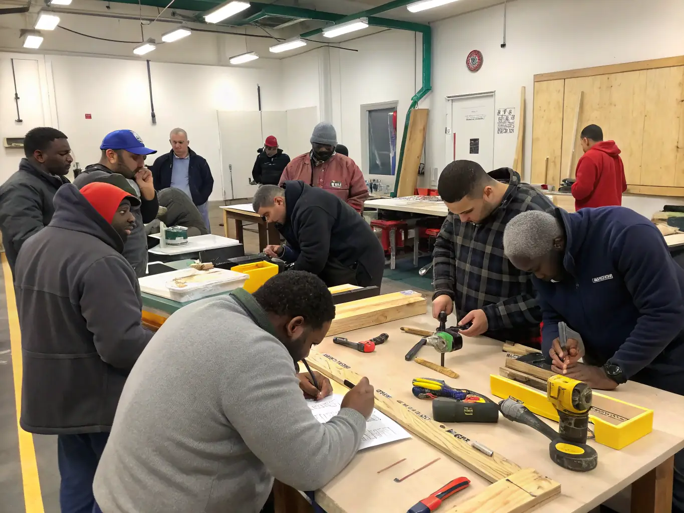 A photograph of young adults engaged in a vocational training workshop, learning practical skills and teamwork at FONDATION LES NIDS.