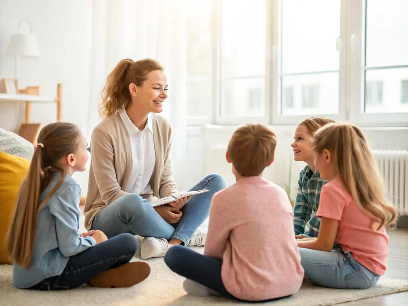 An image showing children participating in a group counseling session, emphasizing peer support and emotional resilience at FONDATION LES NIDS.